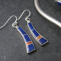 Vintage Southwestern Lapis Coral Inlay Jewelry Set Necklace Cuff Bracelet and Earrings