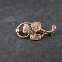 Estate Rose Gold Filled Green Rhinestone Leaf Brooch