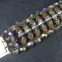 Wide Vintage Smoky Aurora Borealis Rhinestone Bracelet 7.5 Inches
