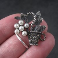 Vintage Sterling Marcasite Pearl Flower Basket Brooch