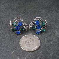 Vintage Blue and Green Rhinestone Clip On Earrings