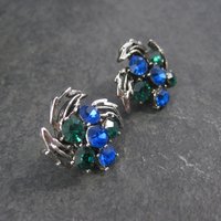 Vintage Blue and Green Rhinestone Clip On Earrings