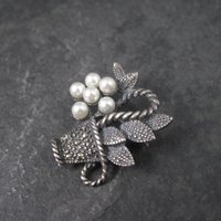 Vintage Sterling Marcasite Pearl Flower Basket Brooch