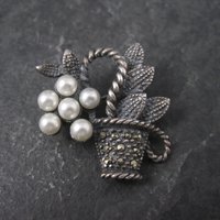 Vintage Sterling Marcasite Pearl Flower Basket Brooch