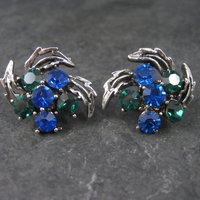 Vintage Blue and Green Rhinestone Clip On Earrings