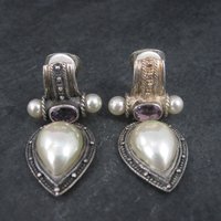 Large Sterling Amethyst Faux Pearl Clip On Earrings