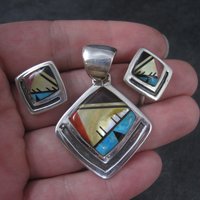 Vintage Southwestern Sterling Inlay Pendant and Earrings Jewelry Set