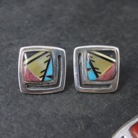 Vintage Southwestern Sterling Inlay Pendant and Earrings Jewelry Set