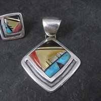 Vintage Southwestern Sterling Inlay Pendant and Earrings Jewelry Set