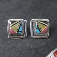 Vintage Southwestern Sterling Inlay Pendant and Earrings Jewelry Set