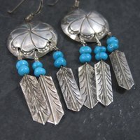 Estate Southwestern Sterling Concho Feather Earrings