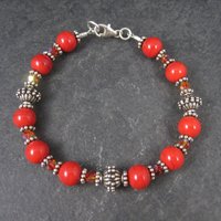 Red Glass and Crystal Bead Bracelet 7.5 Inches