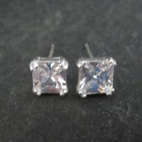 Vintage Sterling 7mm Princess Cut Cubic Zirconia Stud Earrings