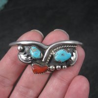 Vintage Southwestern Sterling Turquoise Coral Cuff Bracelet 6.25 Inches