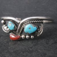 Vintage Southwestern Sterling Turquoise Coral Cuff Bracelet 6.25 Inches