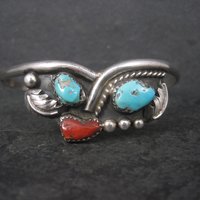 Vintage Southwestern Sterling Turquoise Coral Cuff Bracelet 6.25 Inches