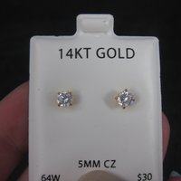 Vintage 14K 5mm Cubic Zirconia Piercing Stud Earrings