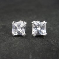 Vintage Sterling 7mm Princess Cut Cubic Zirconia Stud Earrings