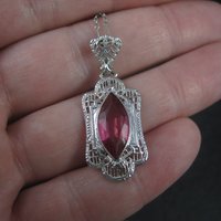 Vintage Deco Style 14K Filigree Pendant Simulated Pink Sapphire Necklace