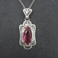 Vintage Deco Style 14K Filigree Pendant Simulated Pink Sapphire Necklace