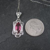 Vintage Deco Style 14K Filigree Pendant Simulated Pink Sapphire Necklace