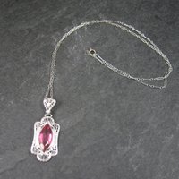 Vintage Deco Style 14K Filigree Pendant Simulated Pink Sapphire Necklace