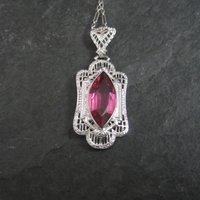 Vintage Deco Style 14K Filigree Pendant Simulated Pink Sapphire Necklace