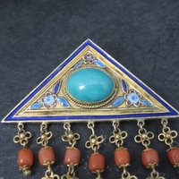 Vintage Chinese Export Turquoise Coral Enamel Brooch