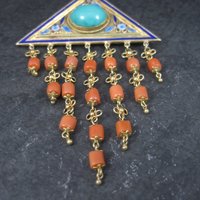 Vintage Chinese Export Turquoise Coral Enamel Brooch