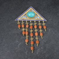 Vintage Chinese Export Turquoise Coral Enamel Brooch