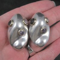 Large Chunky Sterling Gemstone Clip On Earrings Mexican Silver