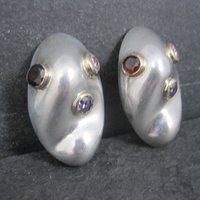 Large Chunky Sterling Gemstone Clip On Earrings Mexican Silver