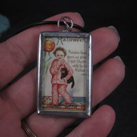 Vintage Halloween Postcard Pendant Necklace