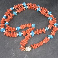 Vintage Chinese Export Coral Turquoise Necklace 30 Inches