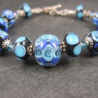 Handmade Blue Lampwork Art Glass Bead Bracelet 8 Inches