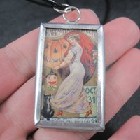 Vintage Halloween Postcard Pendant Necklace