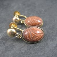 Vintage Gold Filled Goldstone Scarab Earrings Screw Back