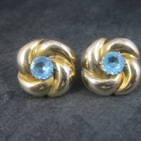 Antique Gold Filled Blue Rhinestone Flower Earrings Screw Backs