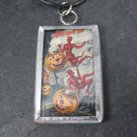 Vintage Halloween Devil Postcard Pendant Necklace