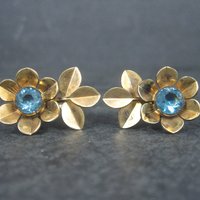 Vintage Gold Filled Blue Rhinestone Flower Screw Back Earrings Simmons