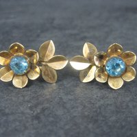 Vintage Gold Filled Blue Rhinestone Flower Screw Back Earrings Simmons