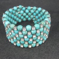 Vintage Turquoise Magnesite Rhinestone Wrap Bracelet 6.5 Inches