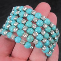 Vintage Turquoise Magnesite Rhinestone Wrap Bracelet 6.5 Inches