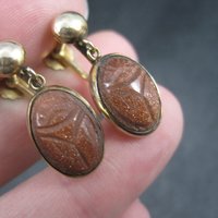 Vintage Gold Filled Goldstone Scarab Earrings Screw Back