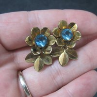 Vintage Gold Filled Blue Rhinestone Flower Screw Back Earrings Simmons