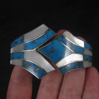 Vintage Southwestern Sterling Turquoise Mother of Pearl Clamper Bracelet 6.75"