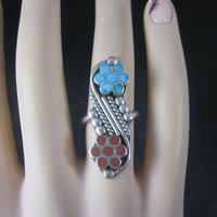 Southwestern Sterling Turquoise Coral Inlay Flower Ring Size 5.5