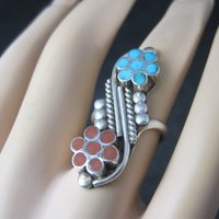 Southwestern Sterling Turquoise Coral Inlay Flower Ring Size 5.5