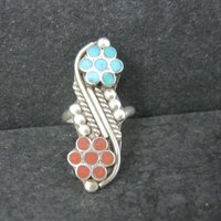 Southwestern Sterling Turquoise Coral Inlay Flower Ring Size 5.5