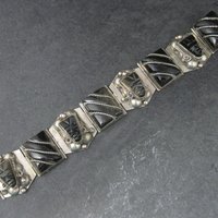 Vintage Mexican Sterling Obsidian Mask Panel Bracelet 7 Inches